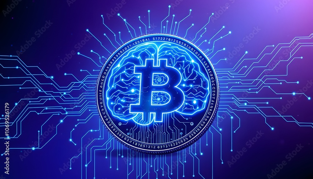 Aufkleber futuristic 10-bit coin featuring a luminous brain design ideal for cryptocurrency enthusiasts