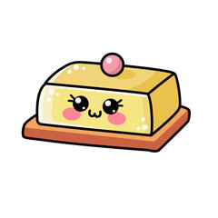 Cute kawaii vector yellow covered butter dish with woody elements. Illustration isolated on white background. Wooden cartoon adorable kitchen equipment, kitchenware