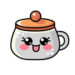 Cute kawaii sugar bowl with a handle. Vector illustration of cookie jam jar on white isolated background