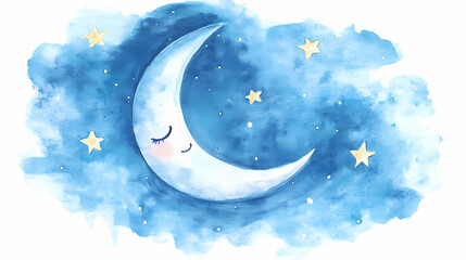 Fototapeta premium Whimsical watercolor illustration of a crescent moon with stars, featuring soft blue tones and cute facial details. isolated on transparent background, png. Celestial. Illustration