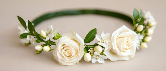 A delicate floral crown featuring white roses and greenery, perfect for weddings or special occasions.