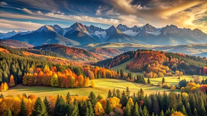 Colorful autumn view of Tatra mountains panorama from Lapszanka pass, Poland and Slovakia, mountain landscape © udomsak