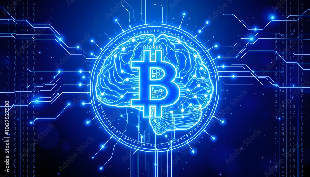Poster Futuristic 13-bit Coin Featuring a Luminous Brain Design for Use in Technology and Finance Concepts