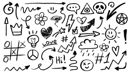 Obraz premium Collection of hand-drawn doodle elements and arrows. Abstract scribbles, squiggles and shapes drawn with pencil and chalk. Creative graphic symbols.