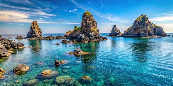 Rocky coast with iconic sea stacks known as the Islands of the Cyclops in Aci Trezza, Sicily, Aci Trezza, Italy