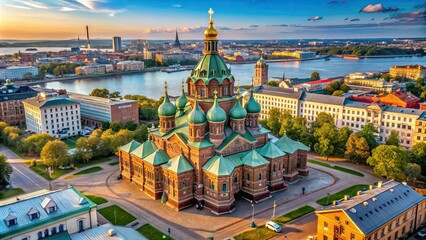 Obraz premium Aerial view of Uspenski Cathedral in Helsinki, Finland, Helsinki, Finland, Uspenski Cathedral, aerial view