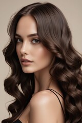 Naklejka premium Beautiful brunette model with long, curly hair poses in a studio, showcasing flawless makeup and radiant skin