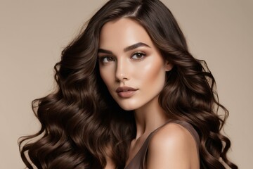 Naklejka premium Beautiful brunette model with long, curly hair poses in a studio, showcasing flawless makeup and radiant skin