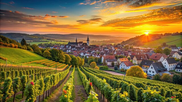 Cityscape sunset view of Winningen, Germany with grape vineyards , Winningen, Germany, cityscape, sunset, view