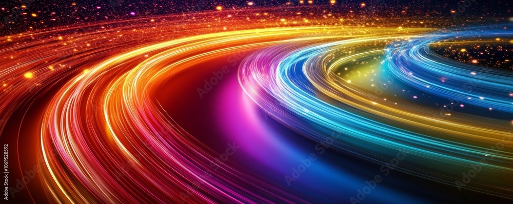 Poster colorful light trails in motion, abstract background. digital art and dynamic movement concept