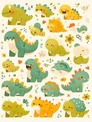 A colorful collection of cute cartoon dinosaurs in various poses and expressions.
