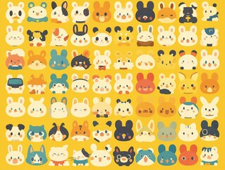 Fototapeta premium A colorful collection of cute animal faces, primarily featuring rabbits and other adorable creatures.