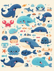 Naklejka premium A colorful illustration featuring various cute sea creatures in a playful underwater scene.