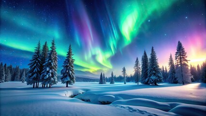 Serene snowy landscape with glowing northern lights , winter, snow, landscape, aurora borealis, nature, scenic, calm, peaceful, cold