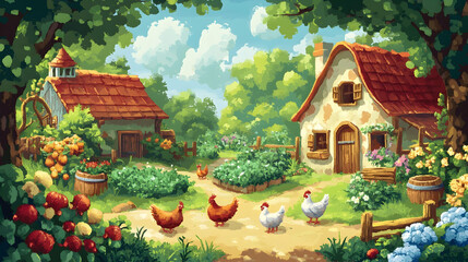 A charming cottage with a red roof and white walls surrounded by a lush garden. Three chickens roam freely in the front yard.