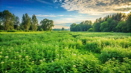 Fototapeta premium Overgrown field with lush green weeds , weeds, field, overgrown, green, wild, nature, vegetation, countryside, landscape, meadow