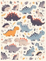 Fototapeta premium A colorful pattern featuring various cartoon dinosaurs and foliage elements.