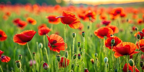 Obraz premium Vibrant red poppies standing out in lush green grass, poppies, red, flowers, vibrant, bright, colorful, outdoors, nature, field