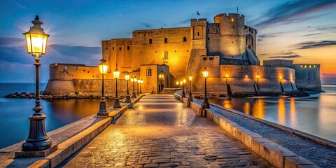 Naples, Castel dell'Ovo (circa 1100) with lamps illuminating the passageway to access the terraces, Naples, Castel dell'Ovo