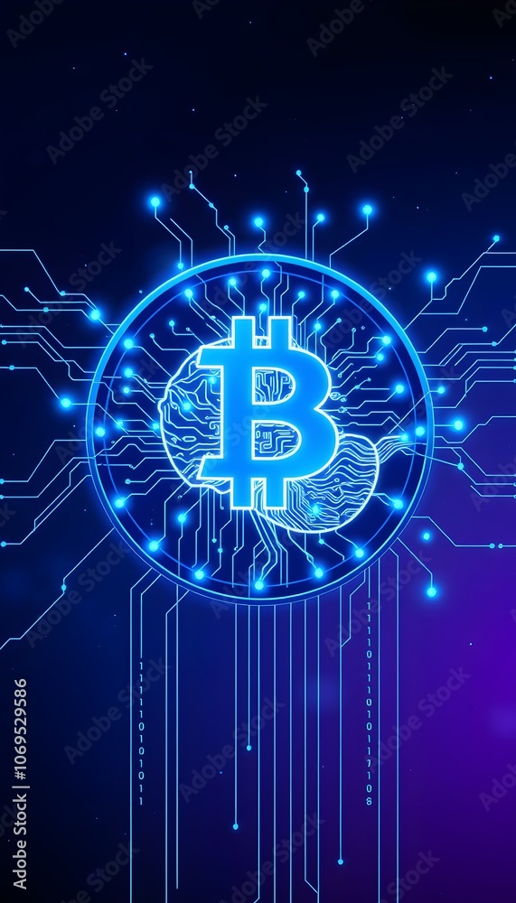 Poster futuristic 17-bit coin featuring a luminous brain design ideal for technology and cryptocurrency con