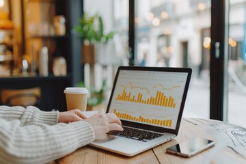 Person working on a laptop with yellow financial charts, cozy café setting, stock market analysis, modern business workspace, financial technology, professional remote work

