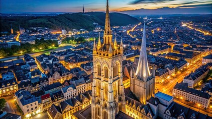 Aerial close up view of the Archives tower at night in Rouen, Normandy, France, Rouen, Normandy, France