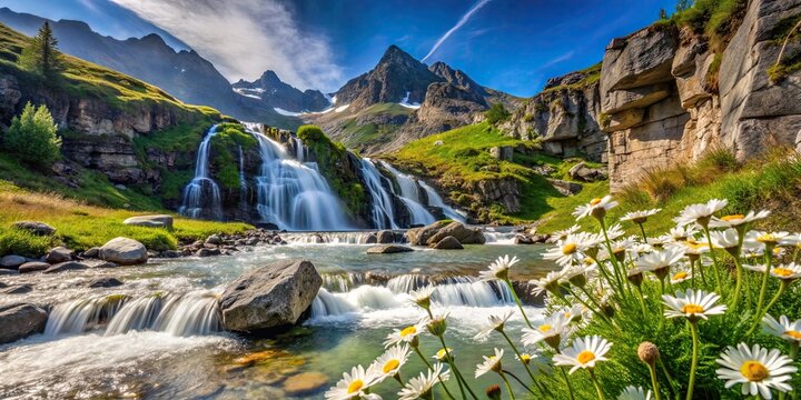 Scenic mountain landscape with flowing waterfalls and daisy flowers in Alpe Devero, Ossola Italy , water, spring, summer