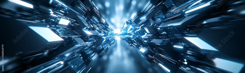 Aufkleber a futuristic scene depicting bright blue light beams and abstract structures, creating a sense of de