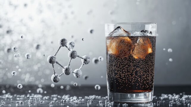 Effervescent dark beverage with ice, carbonated bubbles, and splashing water droplets