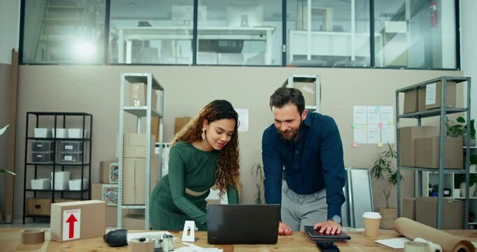 Business, people and laptop for logistics in office with distribution, ecommerce order and sales inventory. Staff, startup and online shopping with supply chain, stock checklist and package shipping