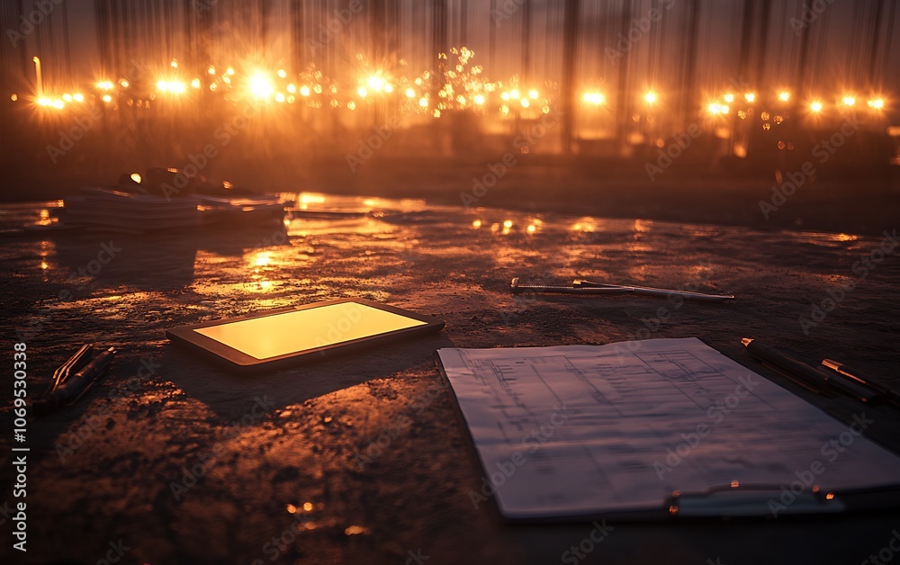 Poster A serene evening scene with glowing lights shining through a misty forest, illuminating a set of documents on a wet surface.