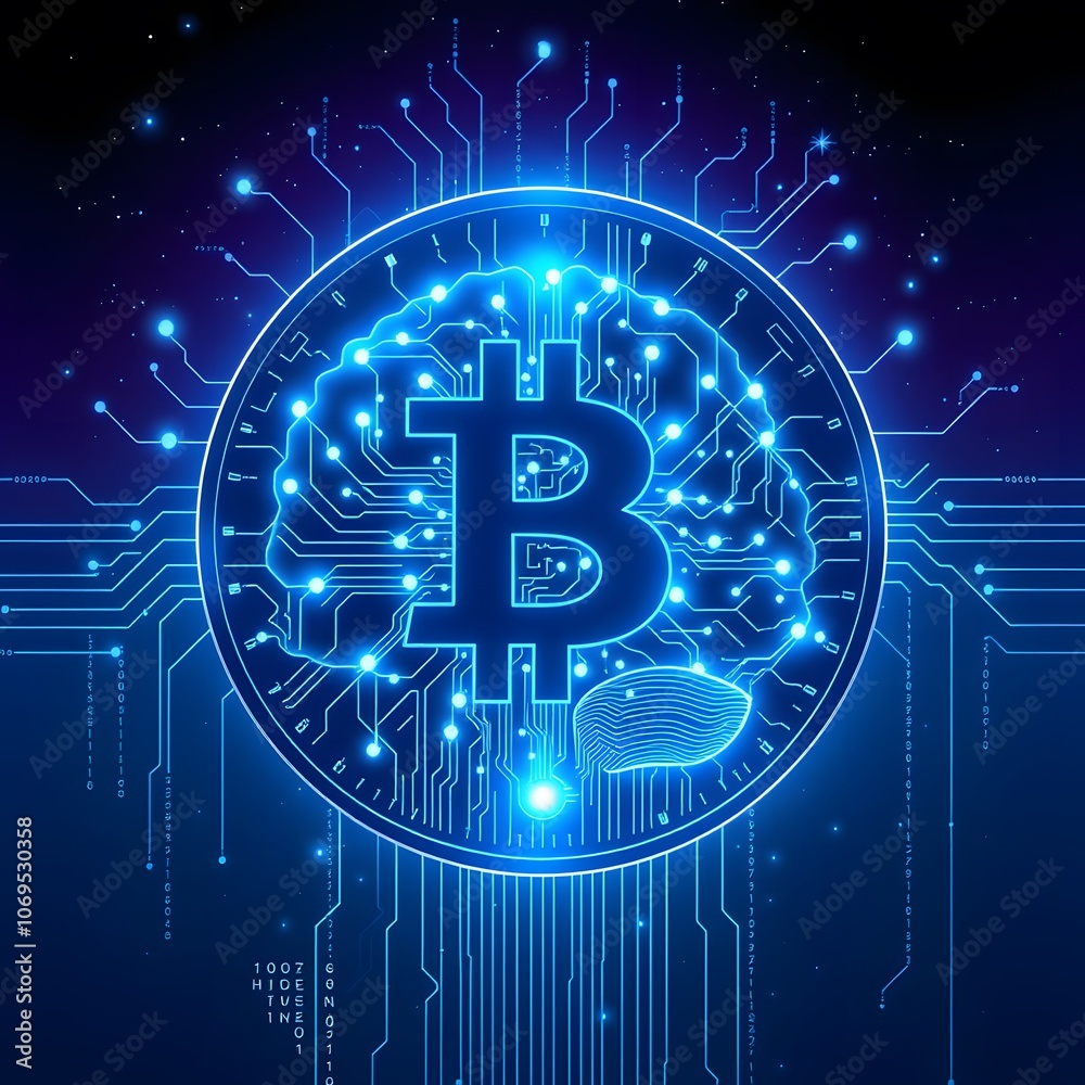 Poster futuristic 18-bit coin featuring a luminous brain design - ideal for technology and cryptocurrency t