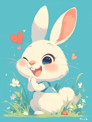 Fototapeta premium A cute, smiling white rabbit with big eyes, surrounded by flowers and hearts.