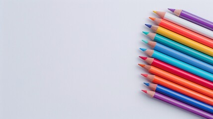 Naklejka premium Colorful wooden pencils arranged diagonally, vibrant rainbow colors, white background, creative art supplies, simple flat lay design, minimal and inspiring stationery