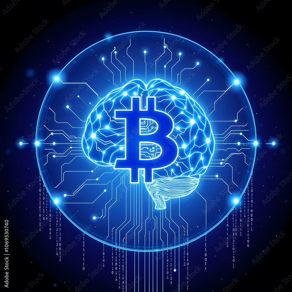 Poster futuristic 19-bit coin featuring a luminous brain design perfect for technology and cryptocurrency t