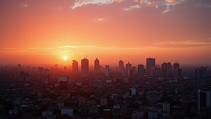 Fototapeta premium Sunset over city skyline with silhouetted buildings under orange sky. Peaceful, urban, end of day. Generative, AI.