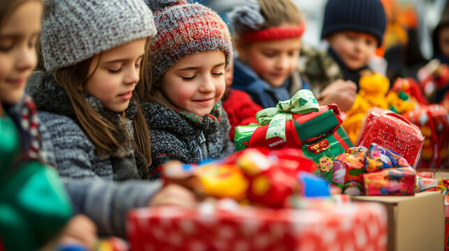 Children donating toys for underprivileged kids at a Christmas charity drive.