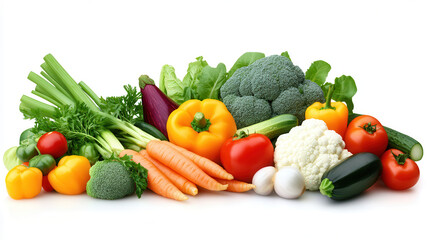 Fresh vegetables including broccoli, carrots, bell peppers, and more, arranged beautifully on white background, showcasing vibrant colors and healthy options