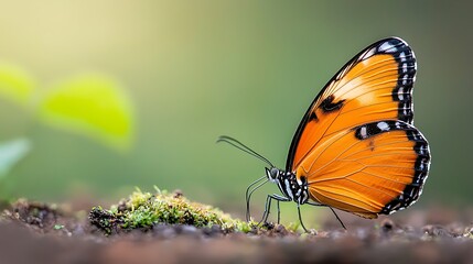 Obraz premium Delicate butterfly graces the forest floor with stunning orange wings against a soft green background