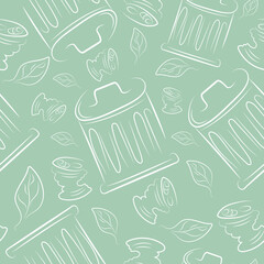 seamless pattern with tin cans and dustbins on a pastel green background, to fight against environmental pollution day