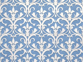 A decorative wallpaper design featuring intricate white floral patterns on a blue background.