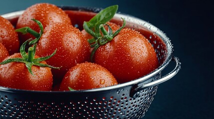 Close-up of fresh red tomatoes with water droplets in a colander.