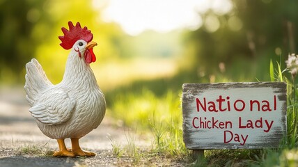 Ceramic white chicken with red comb and sign reading "National Chicken Lady Day"