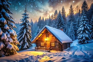 Fototapeta premium Winter Forest Hut, Snowfall, Wooden Cabin, Low Light