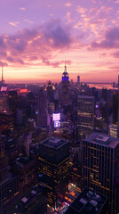 Obraz premium A stunning sunset view over a vibrant city skyline with skyscrapers and colorful lights.