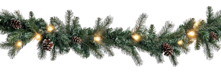 PNG Seamless decorative christmas border with coniferous branches and garlands of christmas lights pine decoration evergreen.