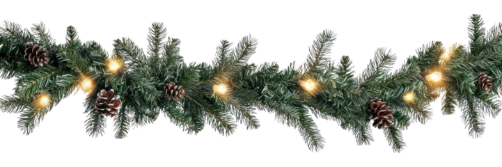 PNG Seamless decorative christmas border with coniferous branches and garlands of christmas lights pine decoration evergreen.