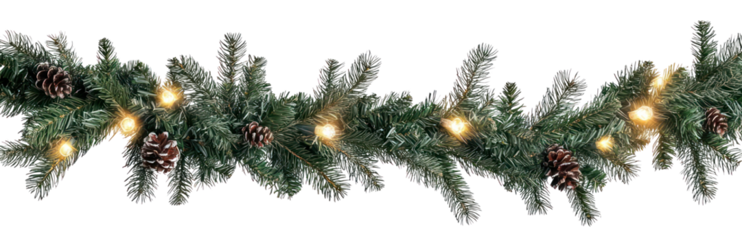 PNG Seamless decorative christmas border with coniferous branches and garlands of christmas lights pine decoration evergreen.