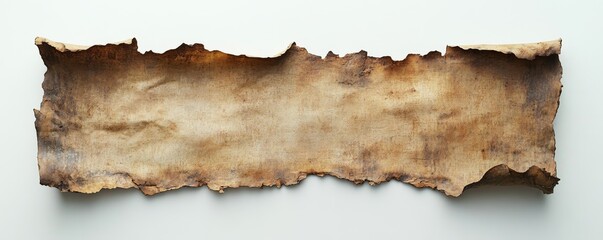 Aged parchment paper with torn edges on white background, vintage texture. Historical manuscript concept
