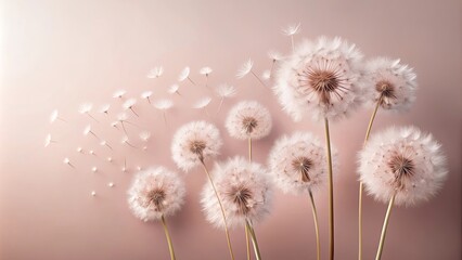 Obraz premium Delicate Dandelion Blooms on a Soft Blush Background, a Symphony of White and Pink Hues